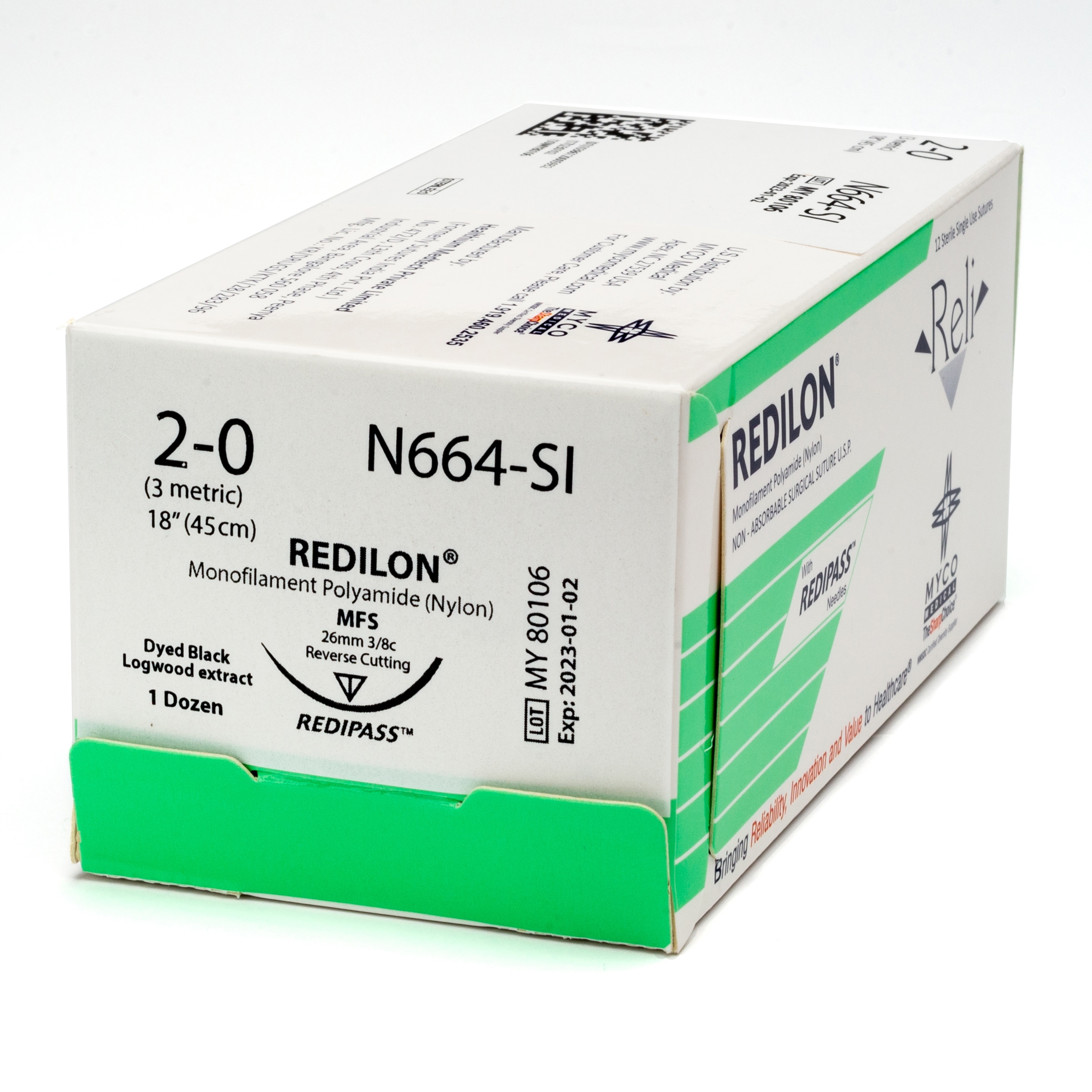 Suture with Needle Reli® Redilon™ Nonabsorbable Black Monofilament Nylon Size 2 - 0 18 Inch Suture 1-Needle 26 mm Length 3/8 Circle Reverse Cutting Needle by Myco Medical  ID N664-M